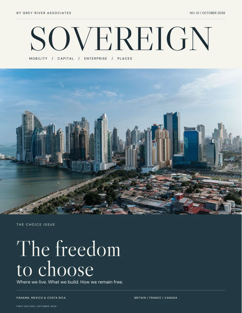 Sovereign October 2026 magazine cover: The freedom to choose, with Panama City’s skyline.