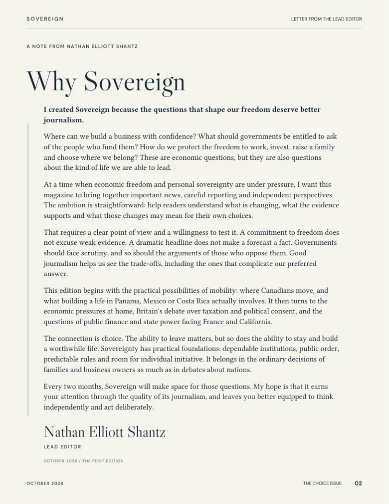 Preview of the editor’s letter, Why Sovereign, on page 2.