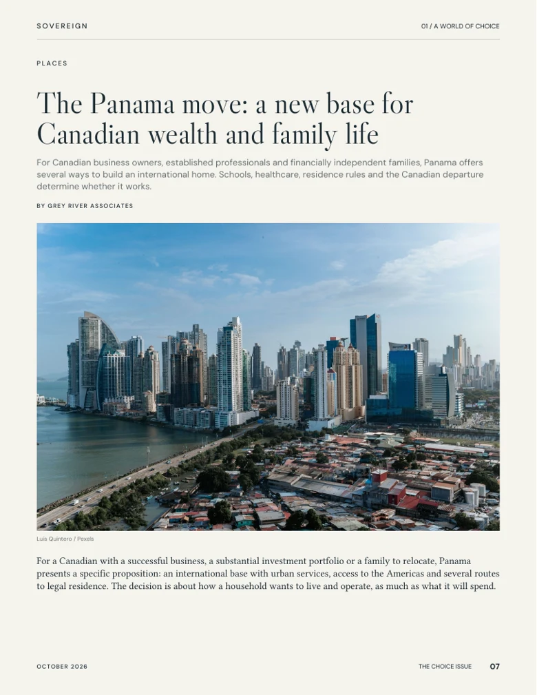 Preview of The Panama Move feature, including a waterfront photograph.