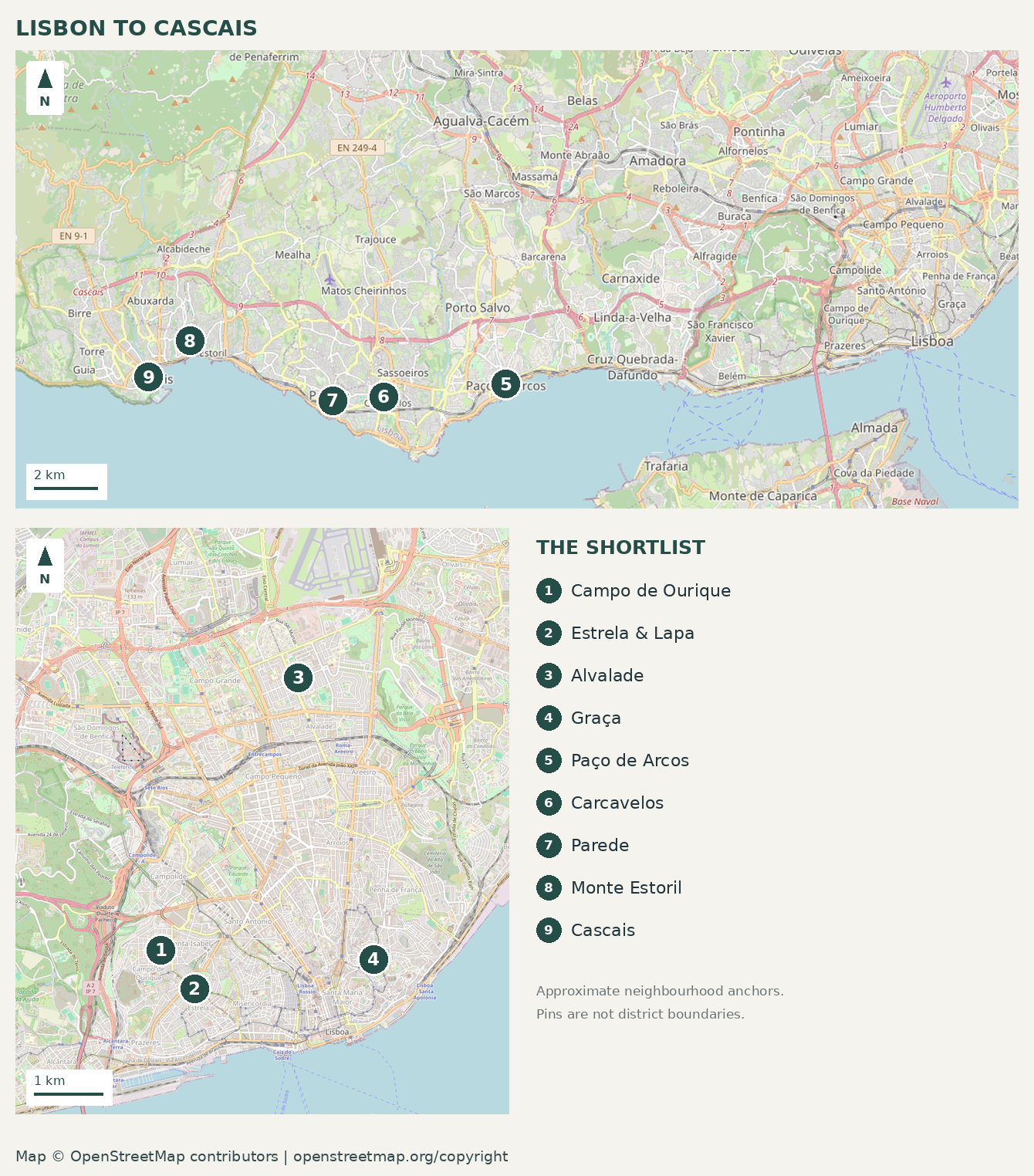 Map of nine places to live in Lisbon and along the coast to Cascais, with a city inset