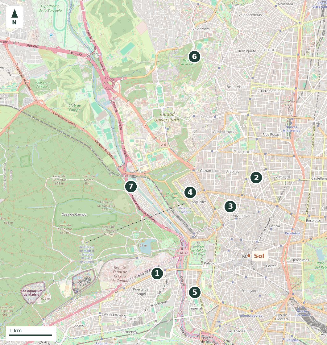 Map of Madrid showing the seven recommended neighbourhoods, numbered to match the article, with Sol as a reference point.